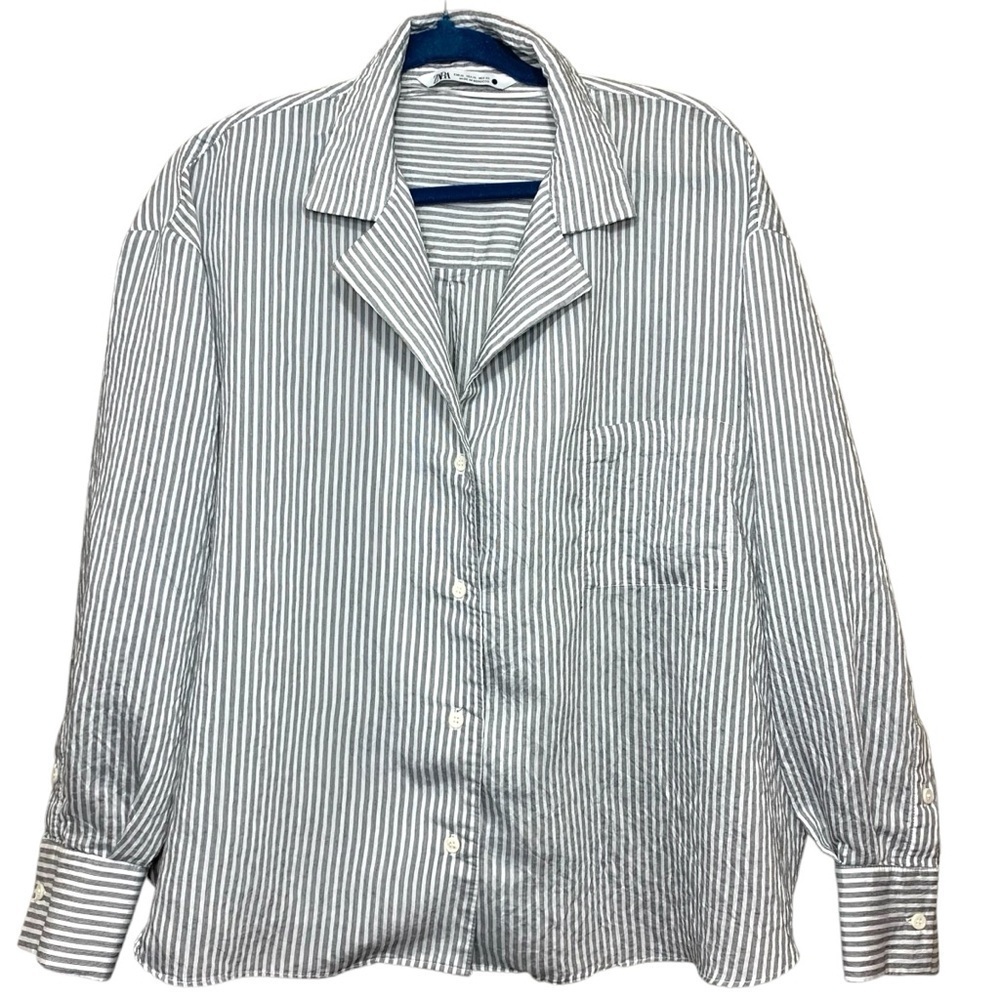 Zara Collection Striped Shirt Oversized Sz XL Gray White Long Sleeve Minimalist